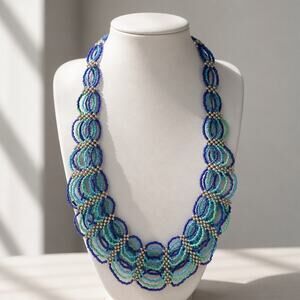 Time and Tru Blue Scalloped Beaded Statement Collar Necklace, 20"